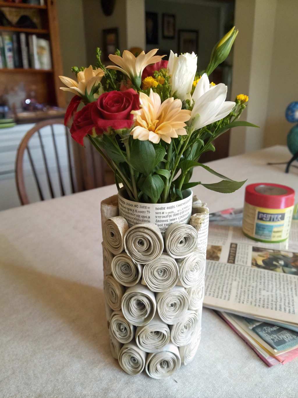 A beautiful flat lay of all five completed newspaper craft projects: hat, basket, bowl, coasters, and seedling pots. Focus keyword: newspaper craft ideas easy.