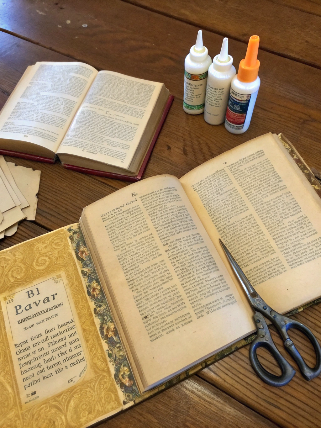 An overhead shot of essential crafting supplies for old book page crafts, including an old book, scissors, a craft knife, a ruler, Mod Podge, and a paintbrush, laid out on a crafting mat.