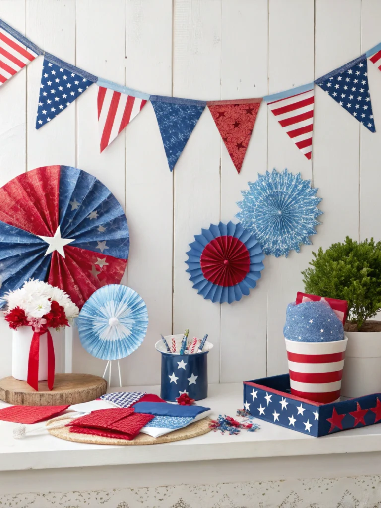 DIY craft supplies in red, white, and blue for summer projects, perfect for festive decor and creative activities.