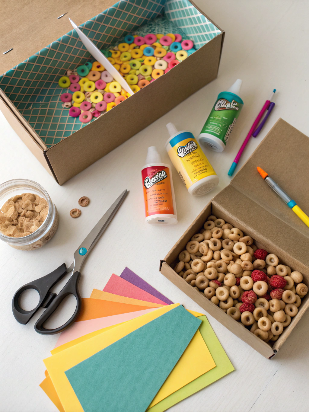 Essential tools and materials for cereal box crafts: scissors, glue, ruler, paint, decorative paper.