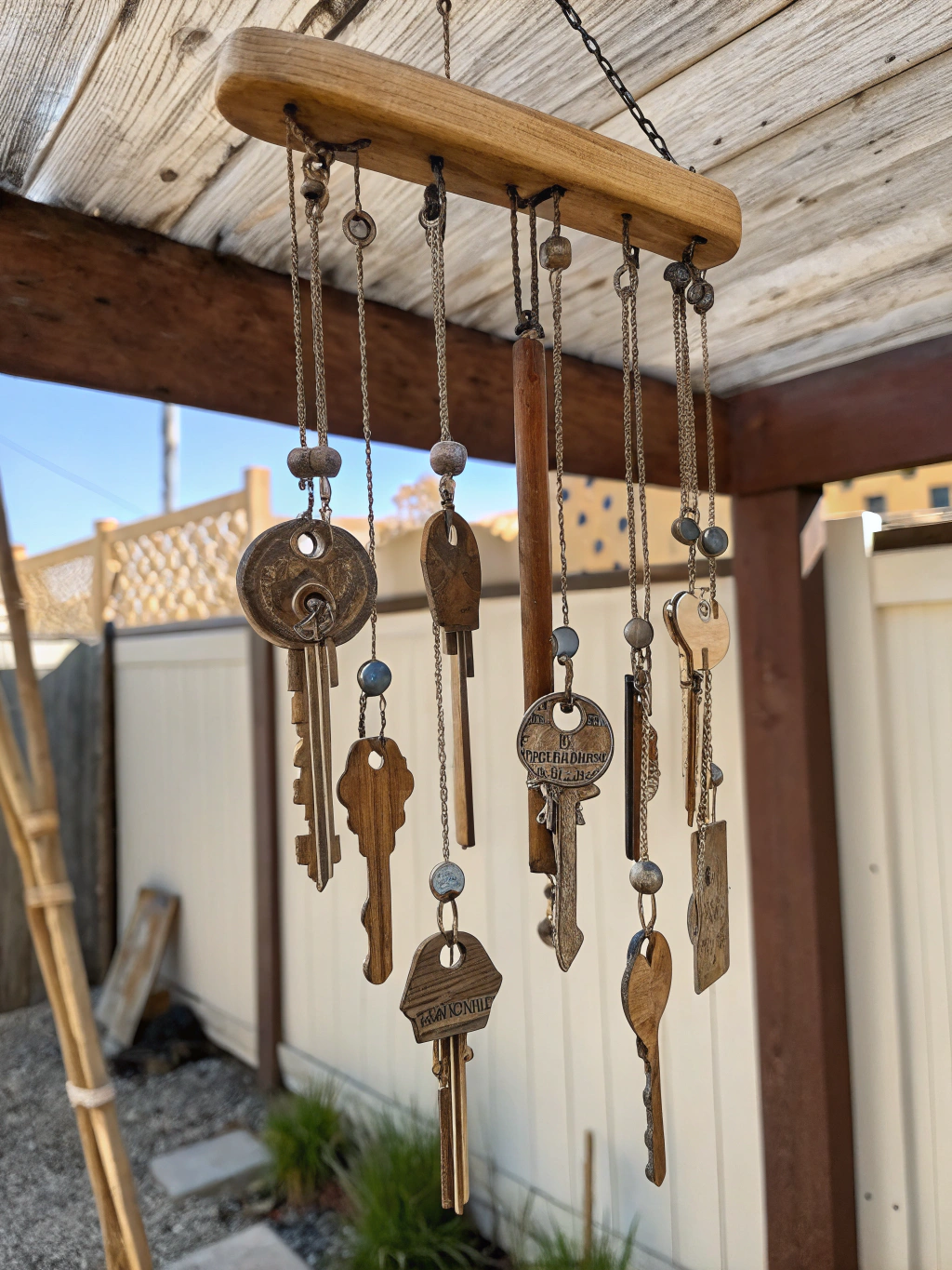 A beautifully crafted wind chime made from various old keys, hanging and gently swaying, showcasing the final result of the repurpose old keys crafts project.