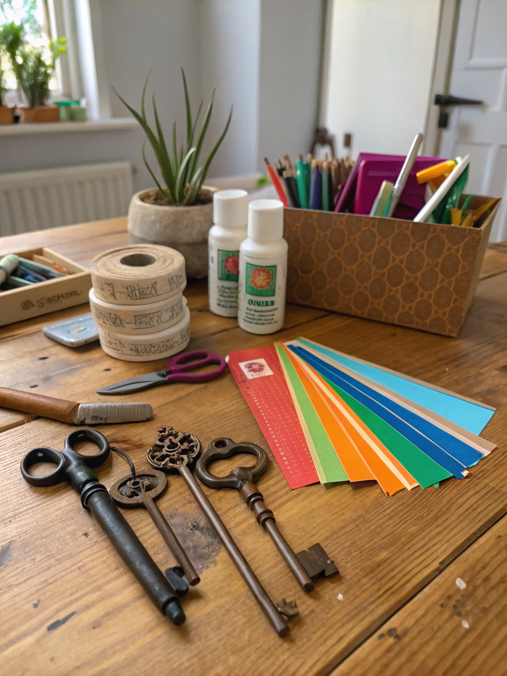 A collection of old keys, pliers, glue, paint, and other craft supplies laid out on a wooden table, ready for repurpose old keys crafts projects.