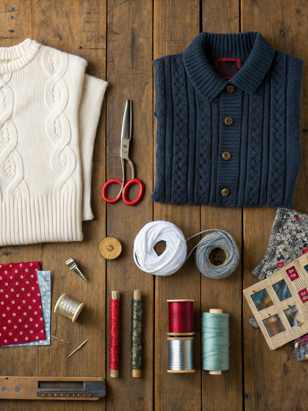 Assorted crafting supplies for repurposing old sweaters, including scissors, needles, thread, and measuring tape.