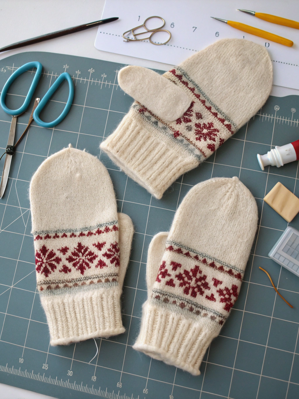 Step-by-step image 1 showing a sweater being laid out for mitten cutting, part of the repurposing old sweaters project.