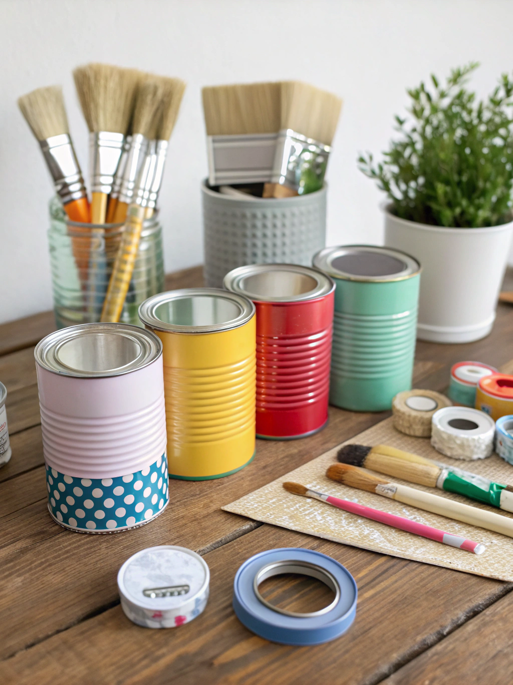 A flat lay of materials needed for tin can upcycling projects, including paint, brushes, fabric, and a hot glue gun.