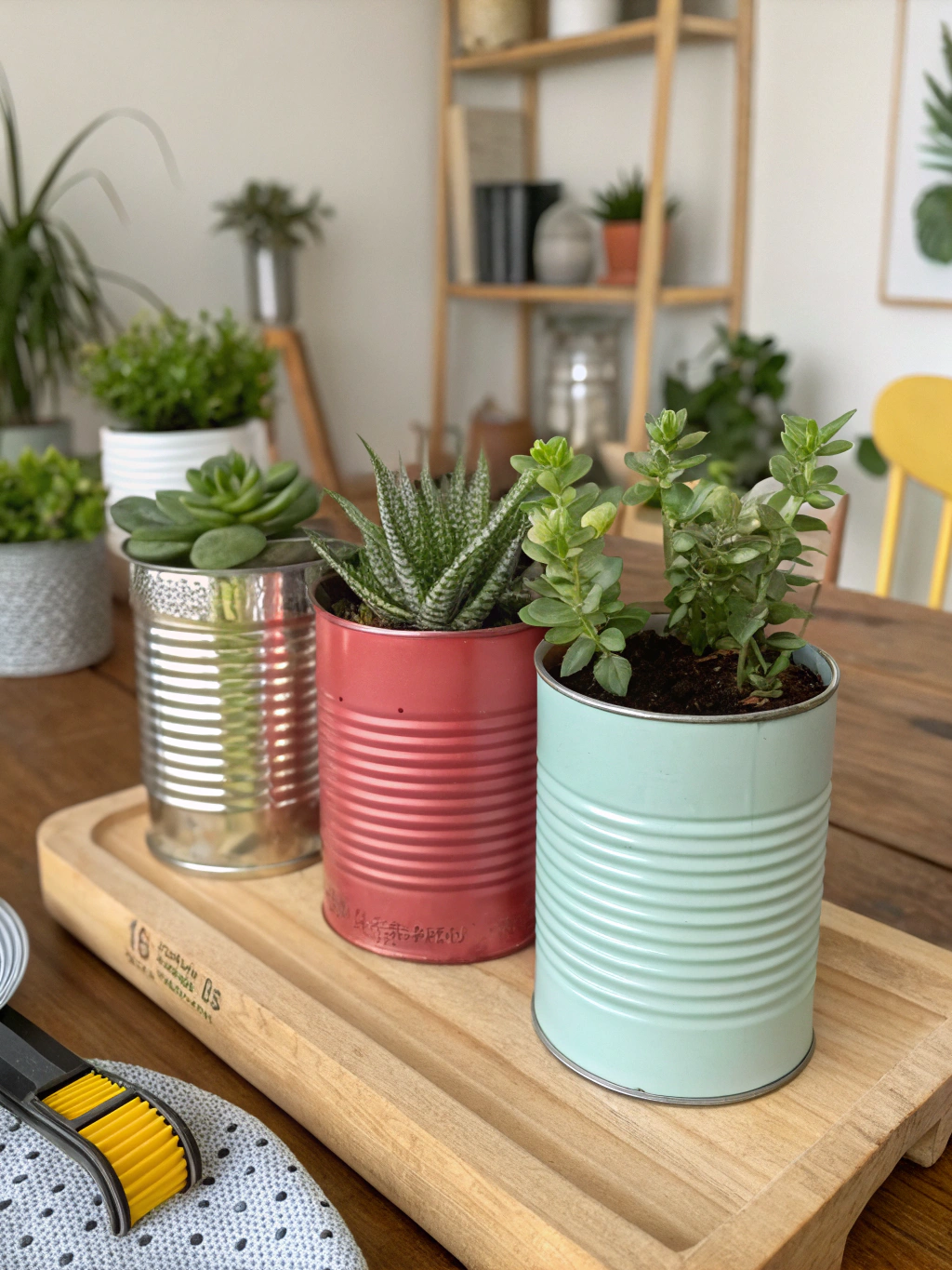 A collection of beautifully decorated tin cans, showcasing various tin can upcycling ideas.