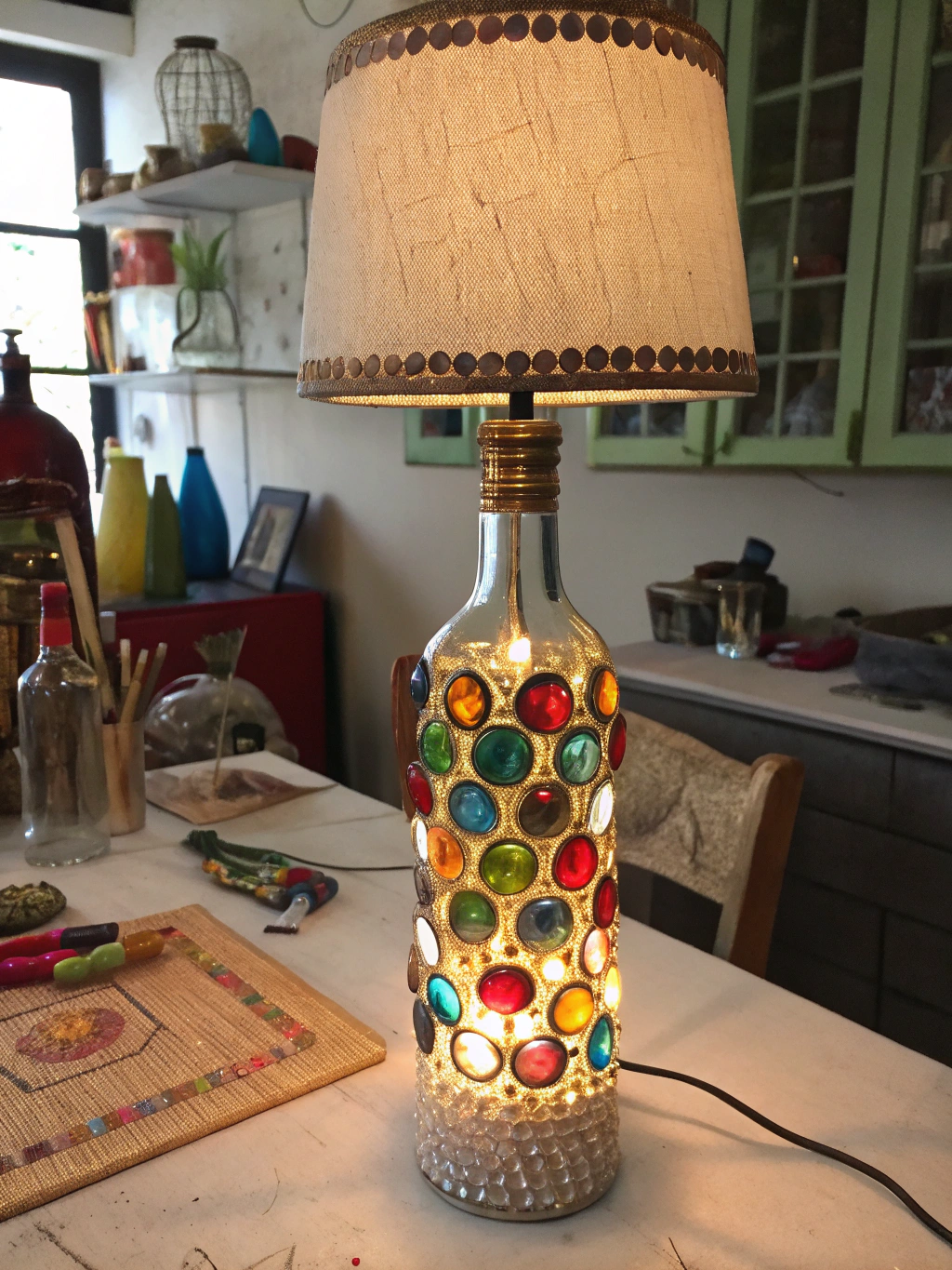 A stunning display of completed trash to treasure crafts projects, adding charm to a home.