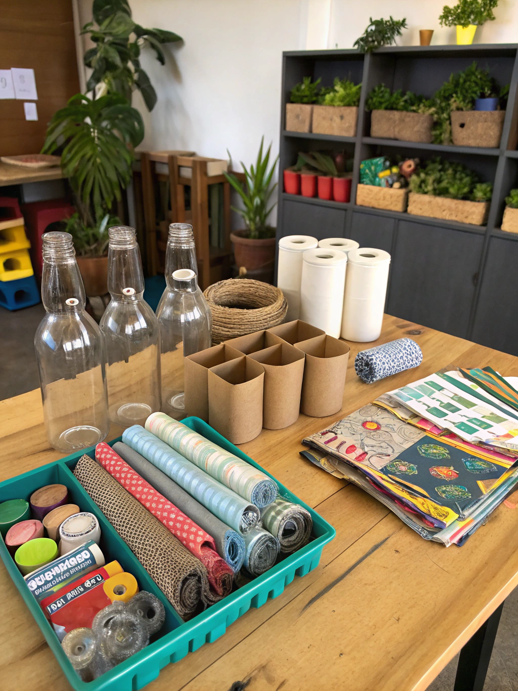 Essential tools and materials for trash to treasure crafts, neatly arranged.