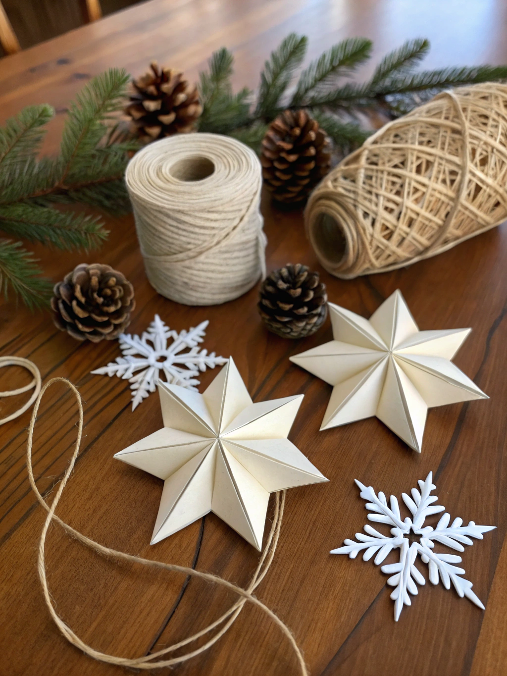 A flat lay of common crafting supplies and potential upcycling materials like old fabric, jars, and scissors for upcycled Christmas decoration ideas.