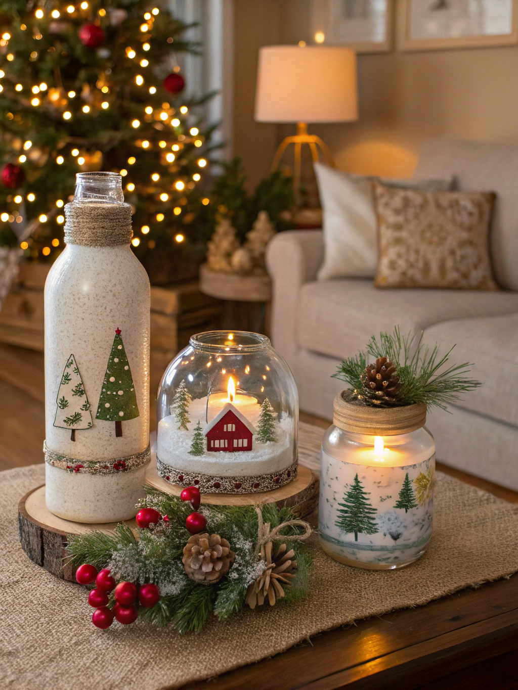 A selection of beautifully crafted upcycled Christmas decorations, showcasing a festive and eco-friendly theme.