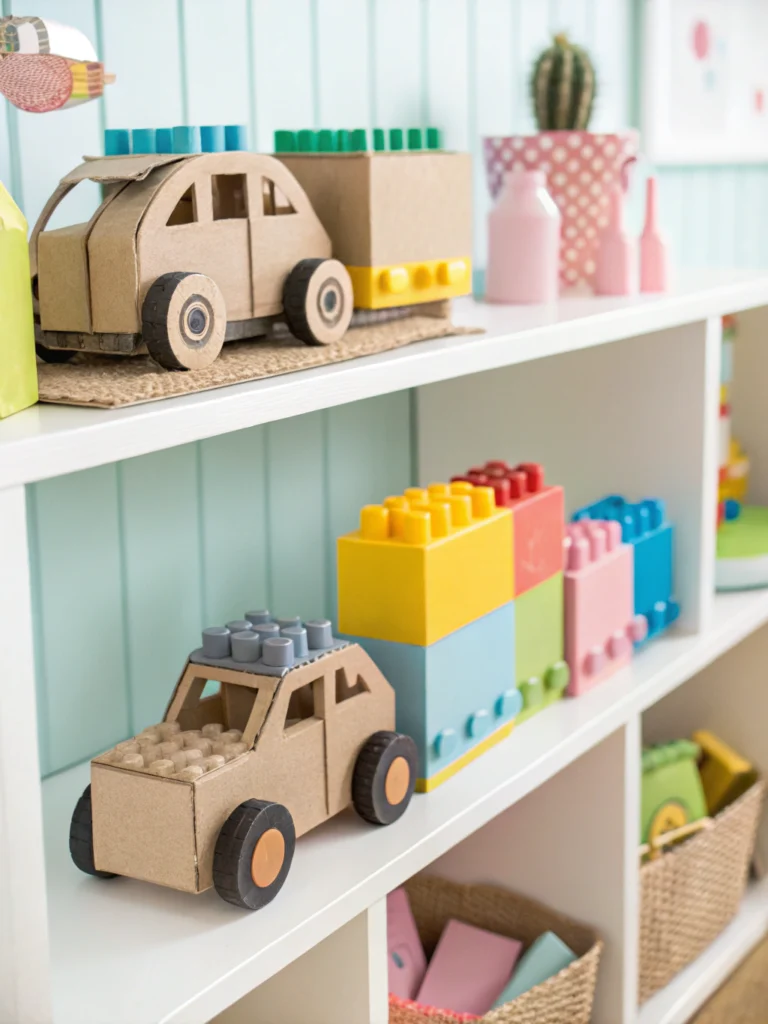 Colorful upcycled kids toys made from recycled materials, promoting creativity and sustainability in home projects.