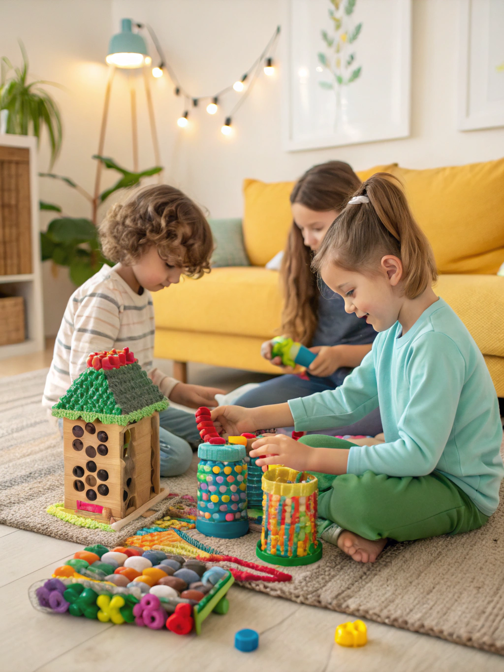A vibrant flat lay showcasing the 7 completed upcycled kids toys: a cardboard castle, plastic bottle bowling pins, tin can drums, sock puppets, egg carton critters, cardboard tube binoculars, and a fabric scrap cape, all looking playful and colorful.