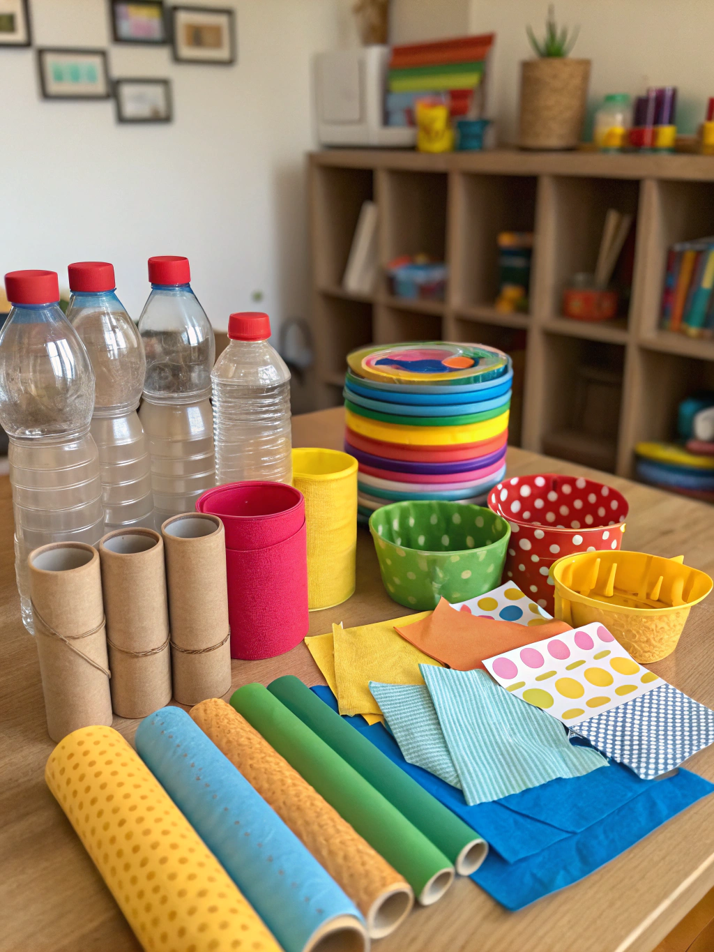 A collection of common household items like cardboard boxes, plastic bottles, fabric scraps, and art supplies arranged neatly for upcycled toy projects.