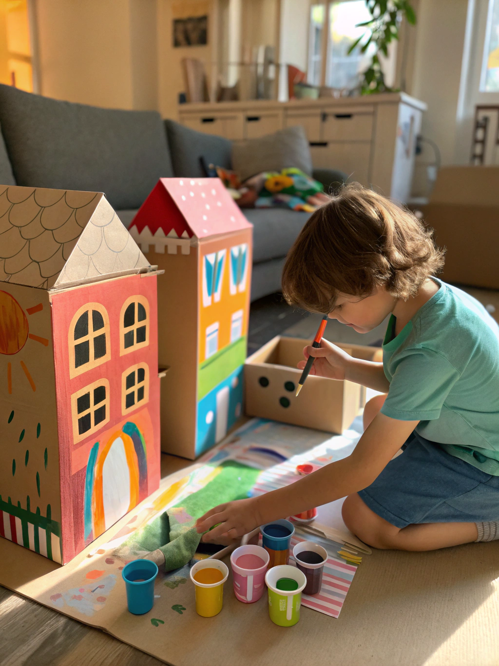 Step 1 image showing a large cardboard box, scissors, markers, and craft paint ready for the upcycled kids toys ideas castle project.