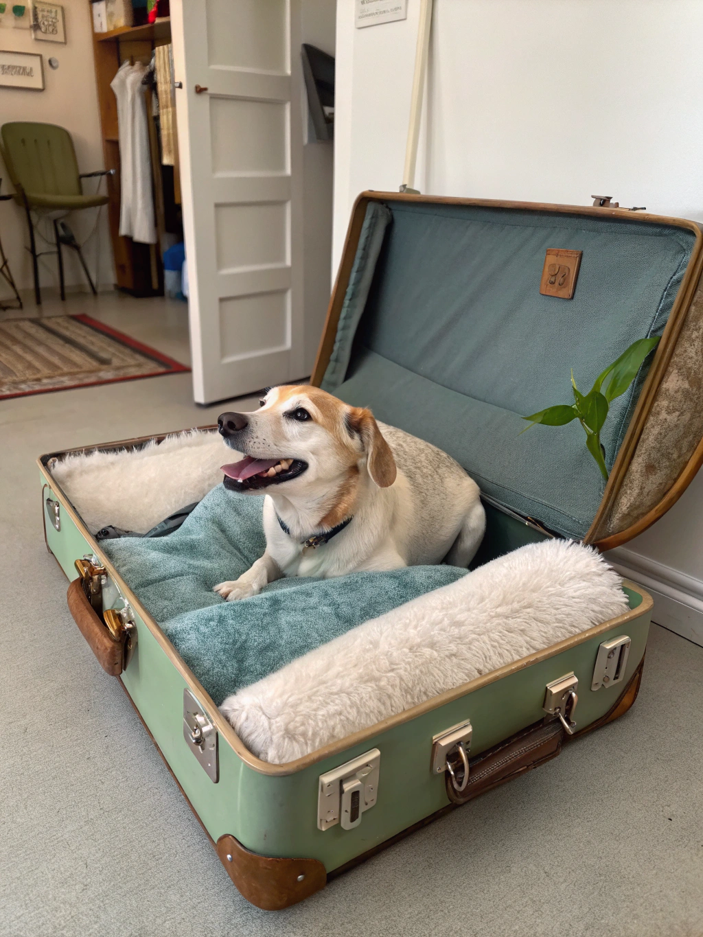 Upcycled Pet Beds: 7 Easy Ways to Transform Old Items 3 DIY upcycled pet bed made from a vintage suitcase, offering a creative and sustainable solution for your furry friend.