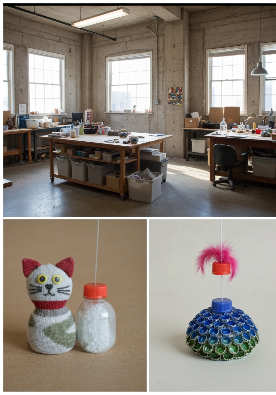 A happy tabby cat actively playing with a t-shirt octopus wand, a cardboard treat puzzle, and a sock fish on a cozy rug.