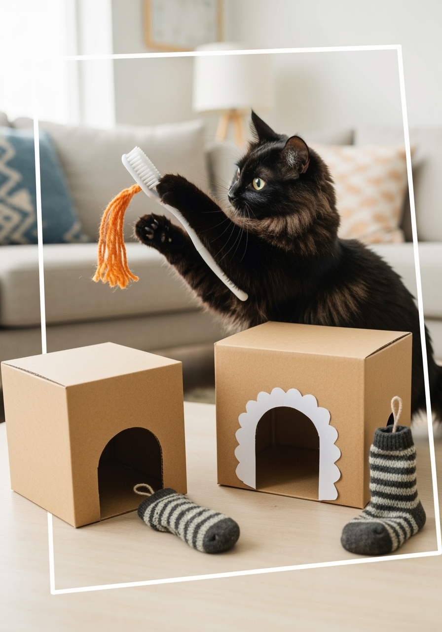How to Make 5 Easy DIY Cat Toys from Household Items at Home 1 A colorful collection of five homemade cat toys made from cardboard, socks, and t-shirt fabric, arranged on a wooden floor.
