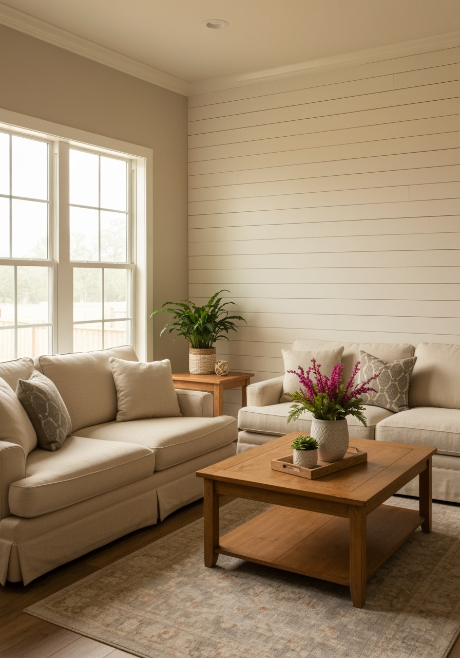 The beautifully completed shiplap wall, painted white and decorated with a simple wreath and side table.