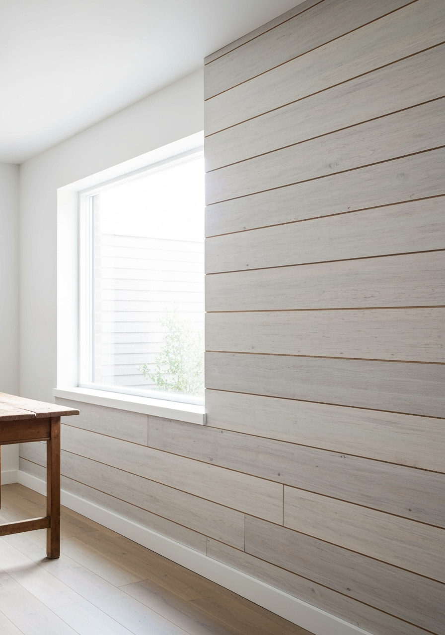 A beautifully finished living room with a white shiplap accent wall behind the sofa.