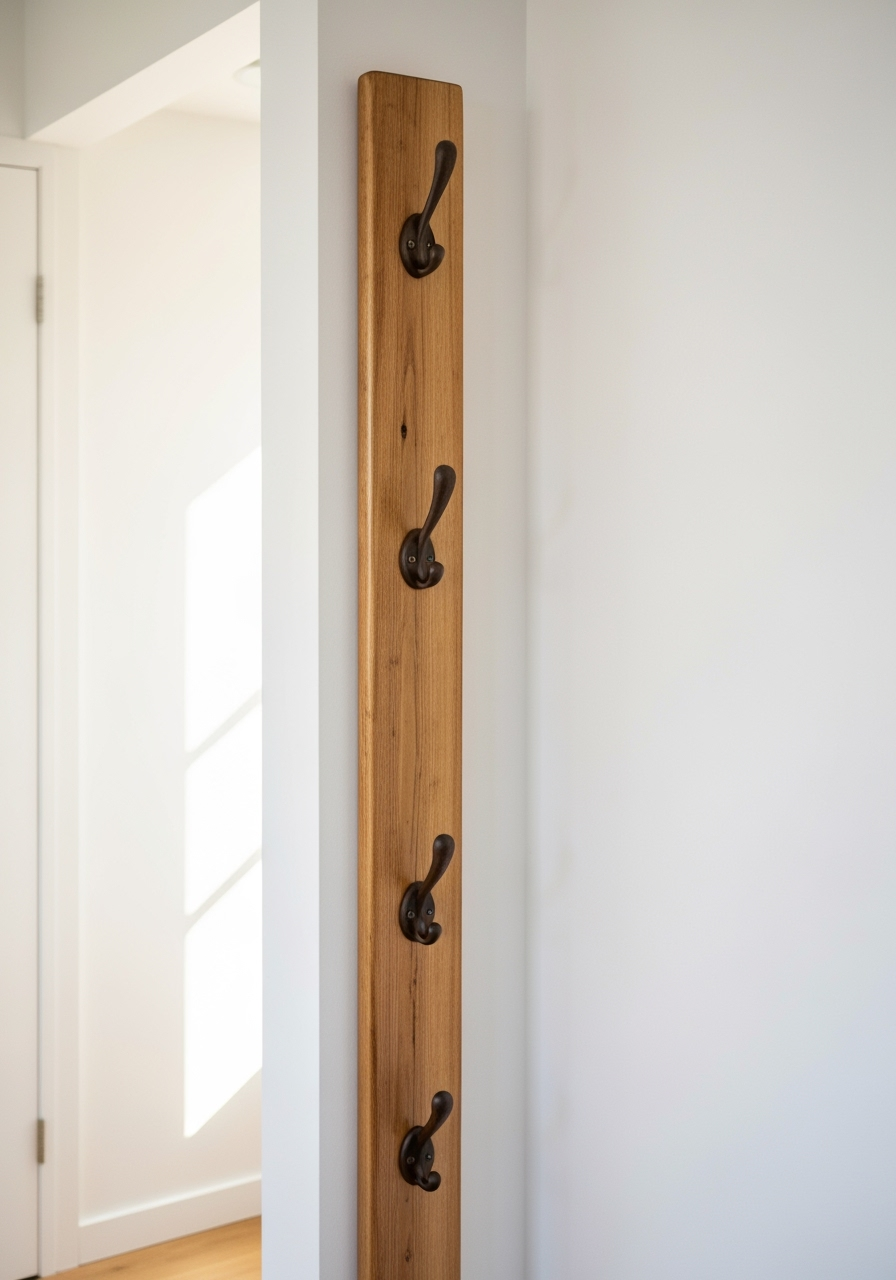 The finished DIY wooden coat rack is mounted on a light gray wall in an entryway, adorned with a few jackets, a scarf, and a stylish hat.