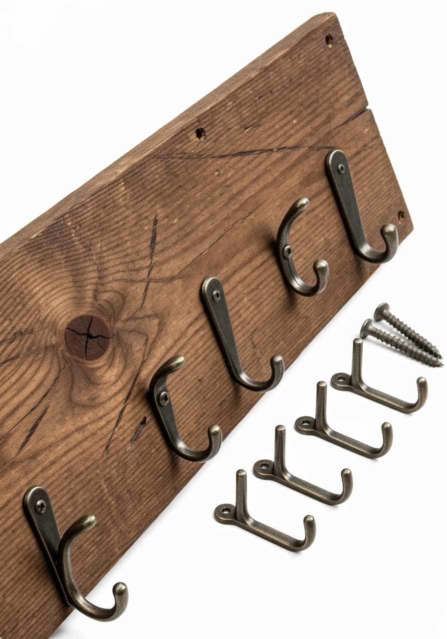 An overhead shot of the materials for the project: a plank of pine wood, five matte black hooks, a can of wood stain, a paintbrush, a tape measure, and screws.