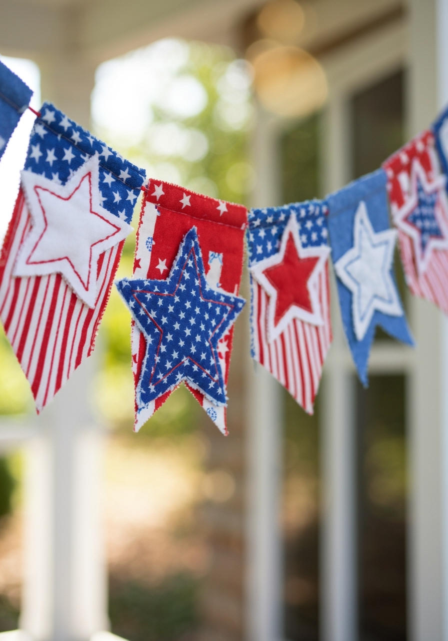 DIY 4th of July Banner: How to Craft Yours in 5 Easy Steps 3 A beautifully crafted DIY 4th of July banner hanging on a rustic wooden wall, with the word "FREEDOM" in red, white, and blue.