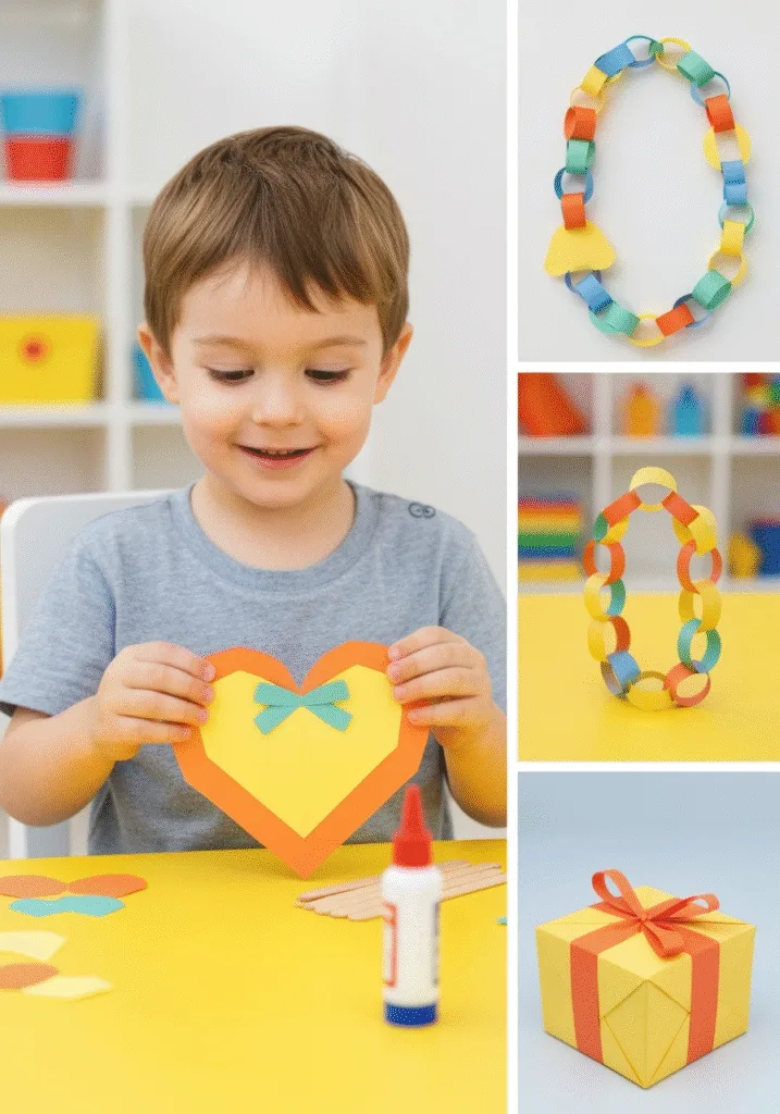 Father's Day DIY craft supplies, including colorful paper, glue, and scissors, for simple kids' projects in Seattle.
