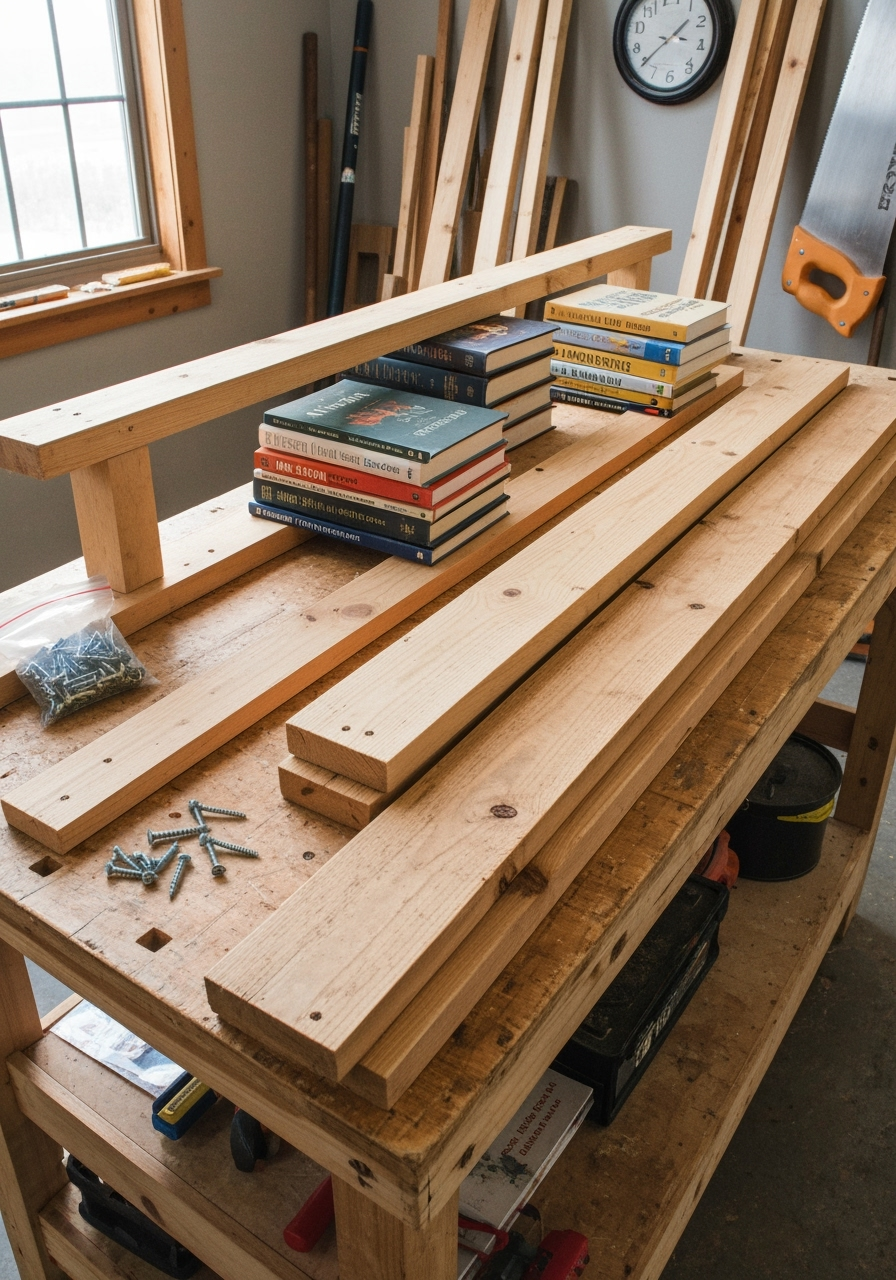 A flat lay of tools and materials for the project, including a hardcover book, an L-bracket, a drill, screws, and a ruler.