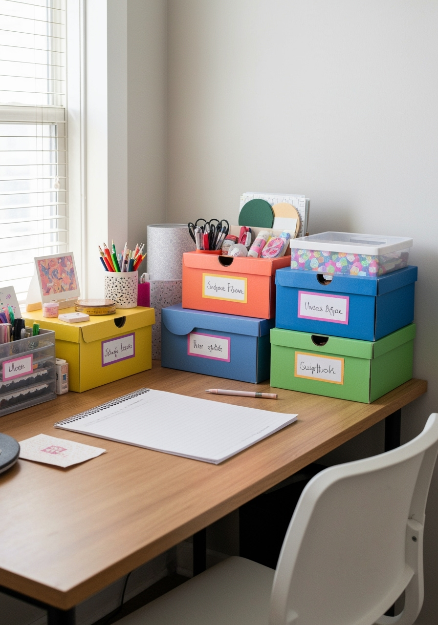 Step 1 of repurpose shoeboxes organization: carefully measuring and cutting wrapping paper.