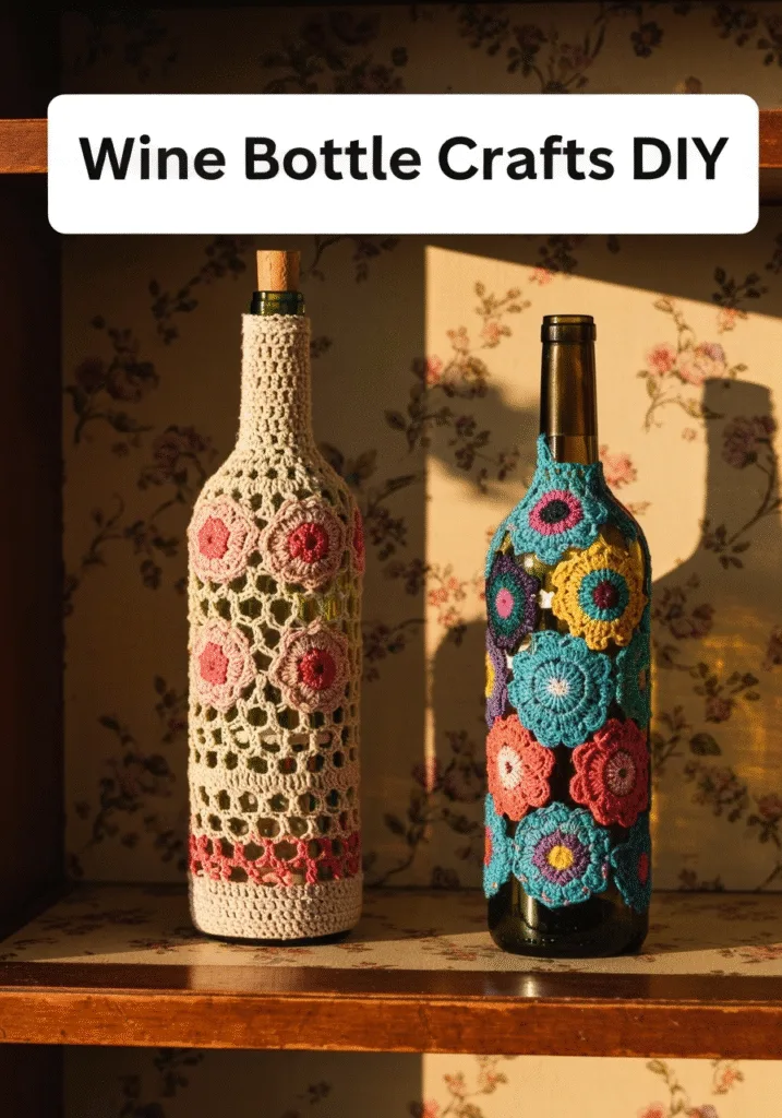 DIY craft with repurposed wine bottles, adorned with twine and fairy lights, ideal for creative home decor enthusiasts.