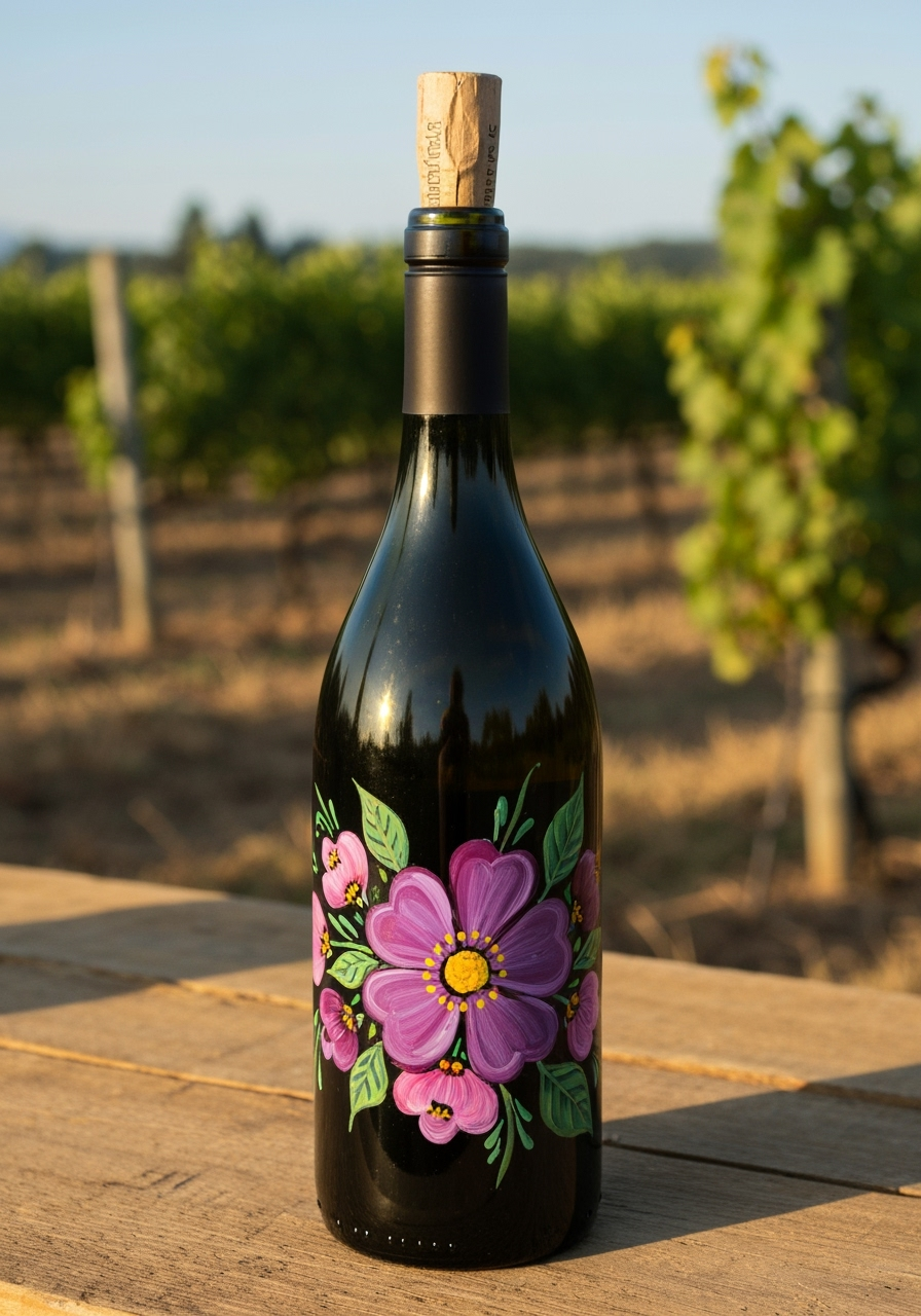 A beautifully styled shot showcasing several finished wine bottle crafts arranged on a rustic wooden shelf.